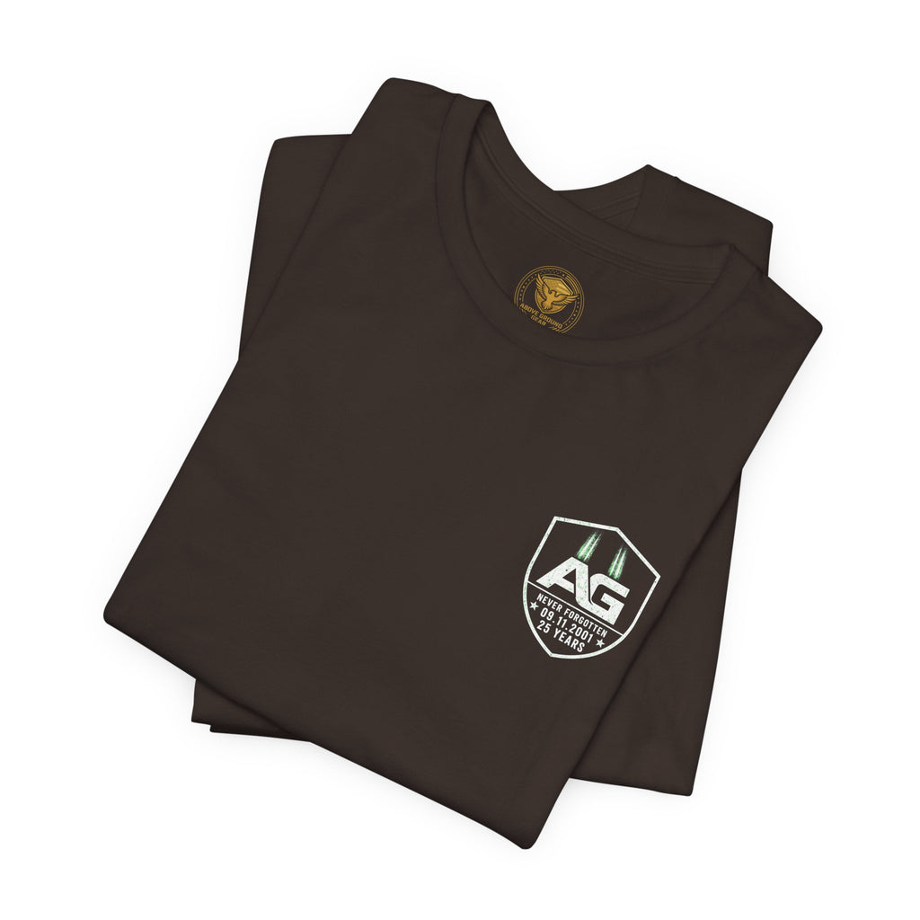 9/11 Memorial T-Shirt — "Never Forgotten 25 Years" American Flag Tribute Tee