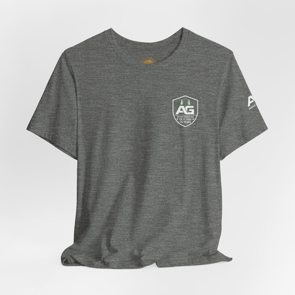 9/11 Memorial T-Shirt — "Never Forgotten 25 Years" American Flag Tribute Tee