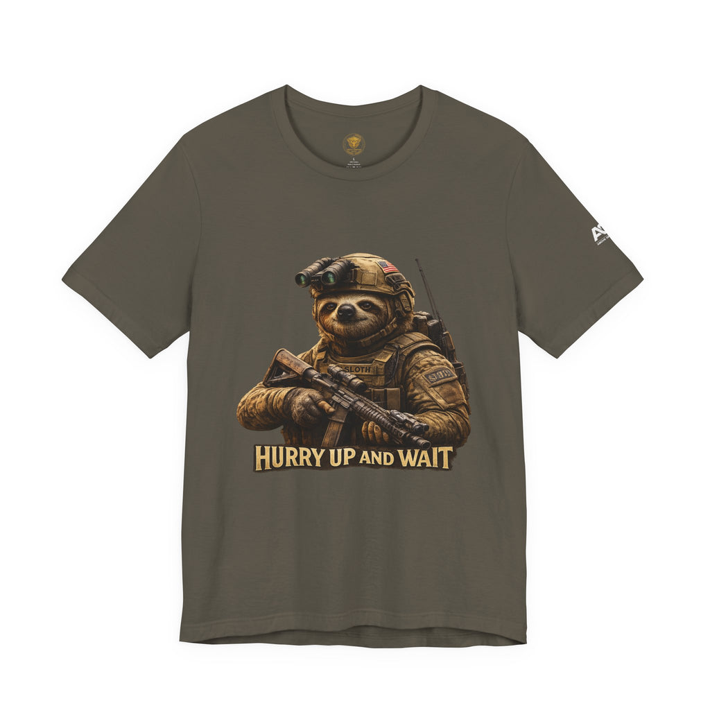 T-Shirt — 'Hurry Up and Wait' Military Sloth Graphic Tee