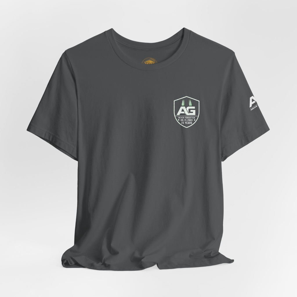 9/11 Memorial T-Shirt — "Never Forgotten 25 Years" American Flag Tribute Tee