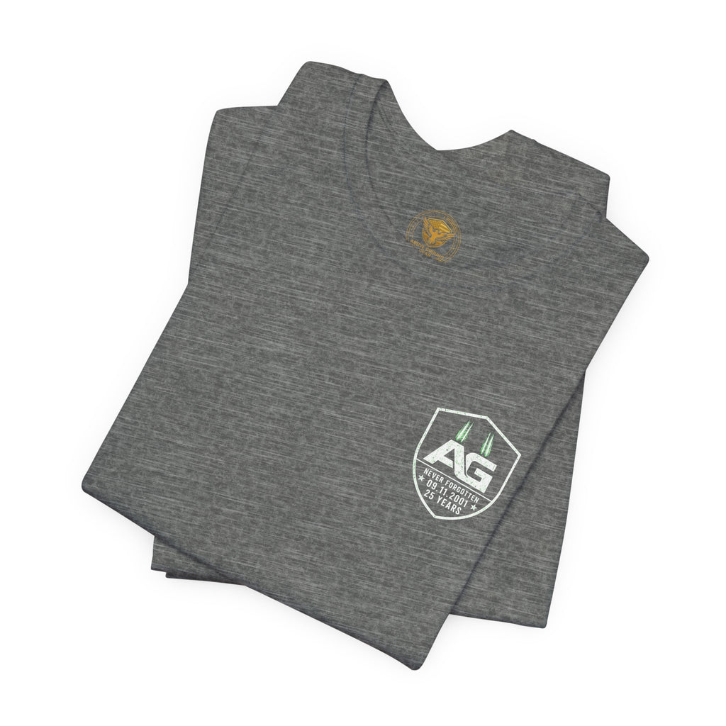 9/11 Memorial T-Shirt — "Never Forgotten 25 Years" American Flag Tribute Tee