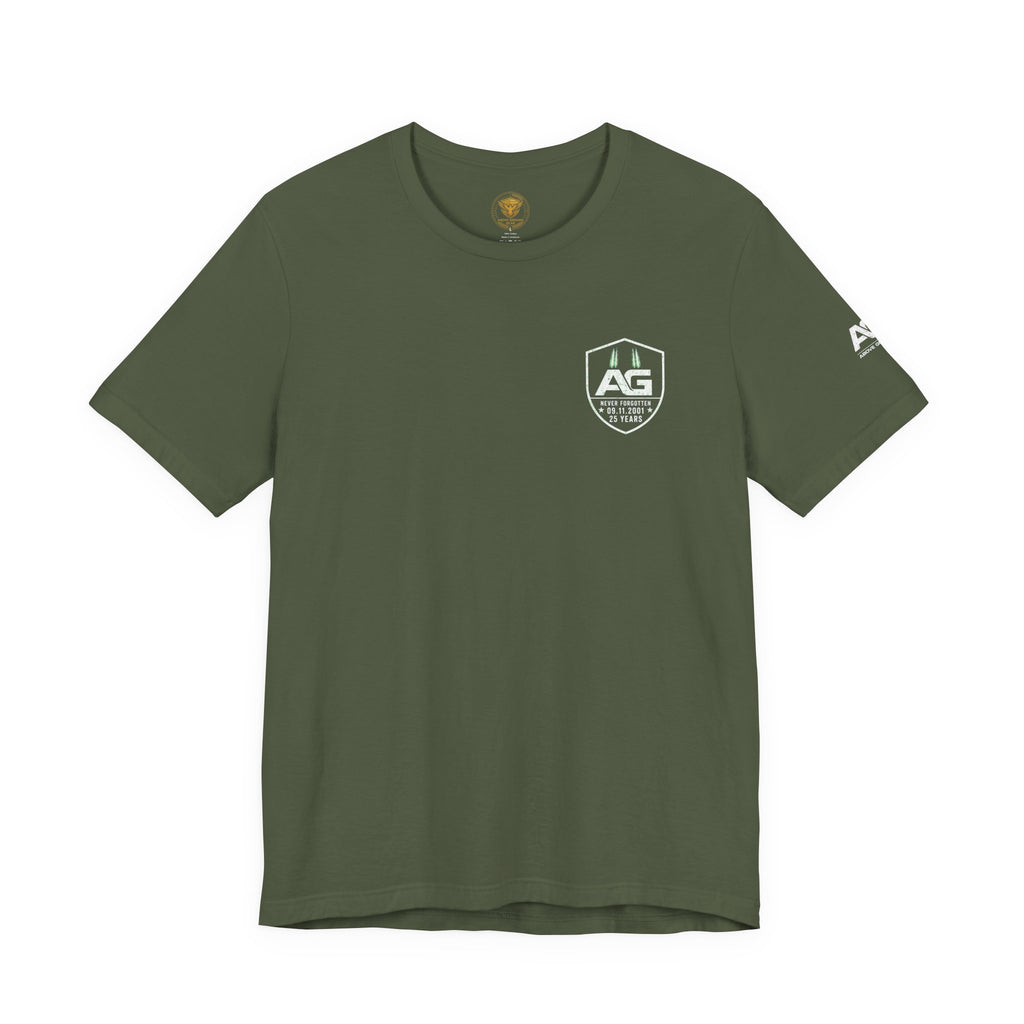 9/11 Memorial T-Shirt — "Never Forgotten 25 Years" American Flag Tribute Tee