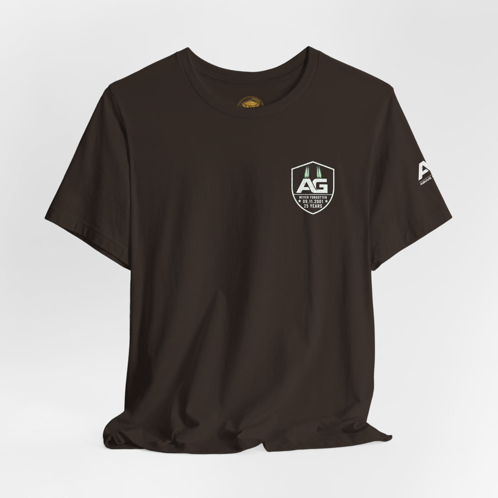 9/11 Memorial T-Shirt — "Never Forgotten 25 Years" American Flag Tribute Tee