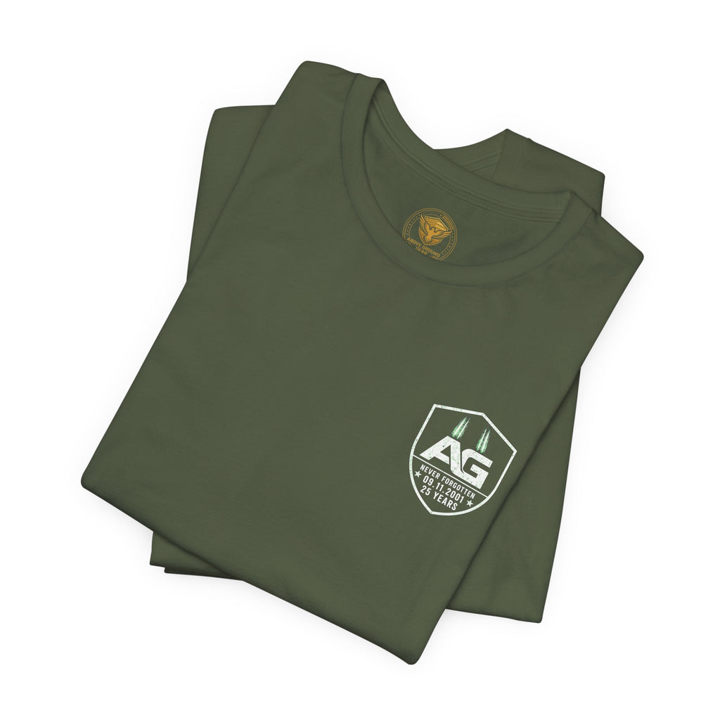 9/11 Memorial T-Shirt — "Never Forgotten 25 Years" American Flag Tribute Tee