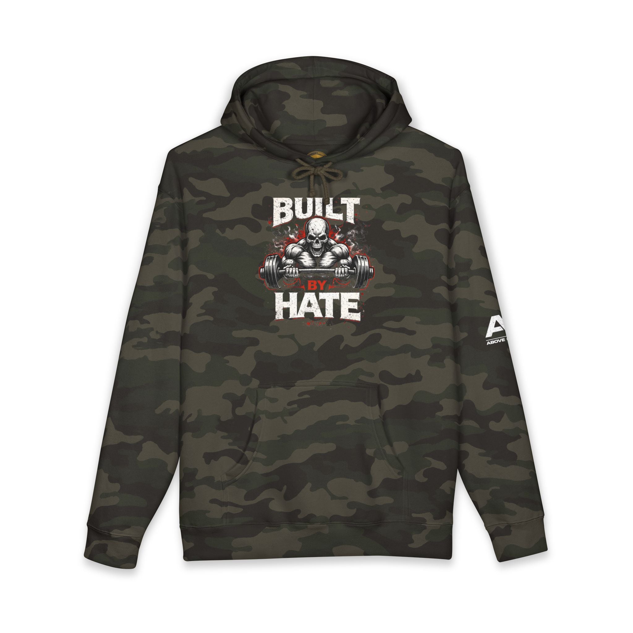 Built Not By Hate Camo Hoodie — Skull & Barbell Fitness Pullover