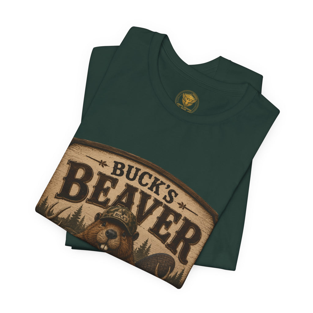 Beaver Taxidermy T‑Shirt — "Buck's Beaver Taxidermy: you duffern I'll stuff 'em" Rustic Hunting Tee
