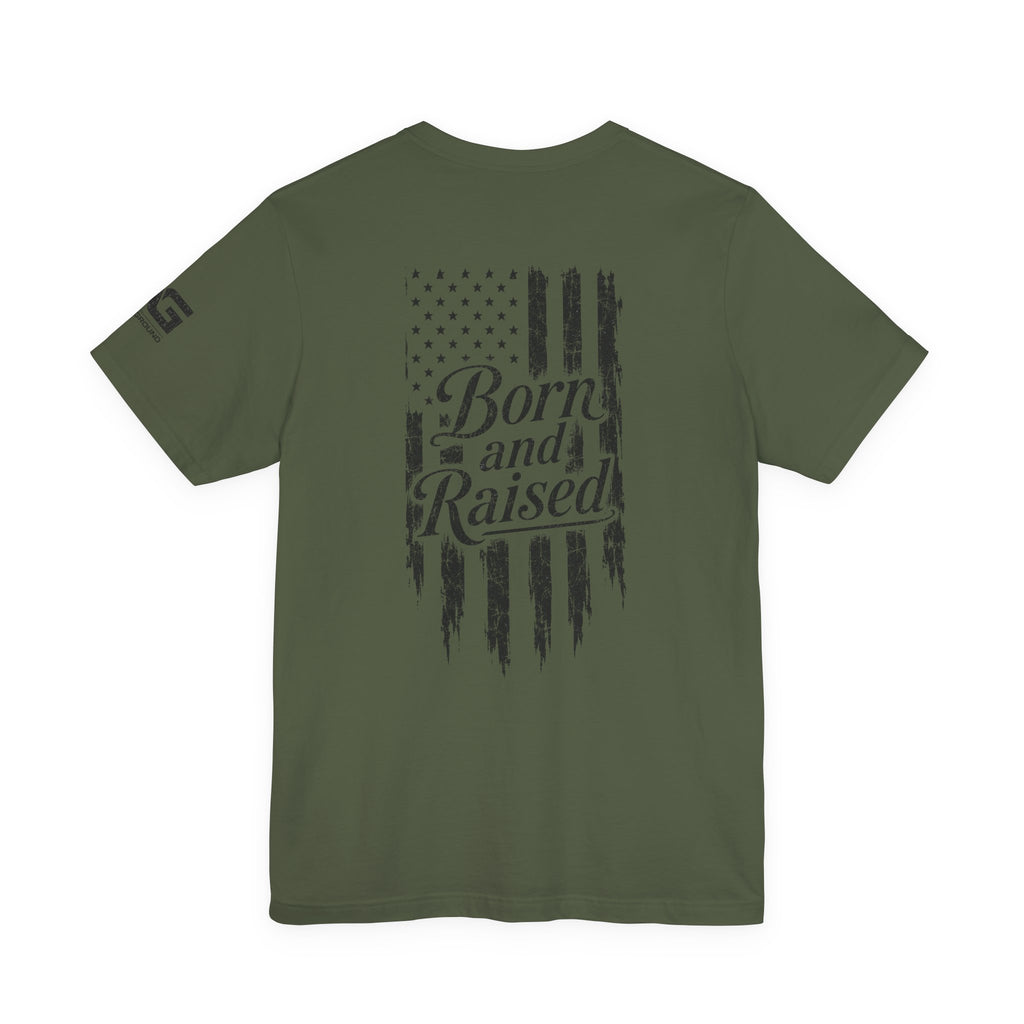 Born and Raised Tee — Distressed American Flag 1776 Patriotic T‑Shirt