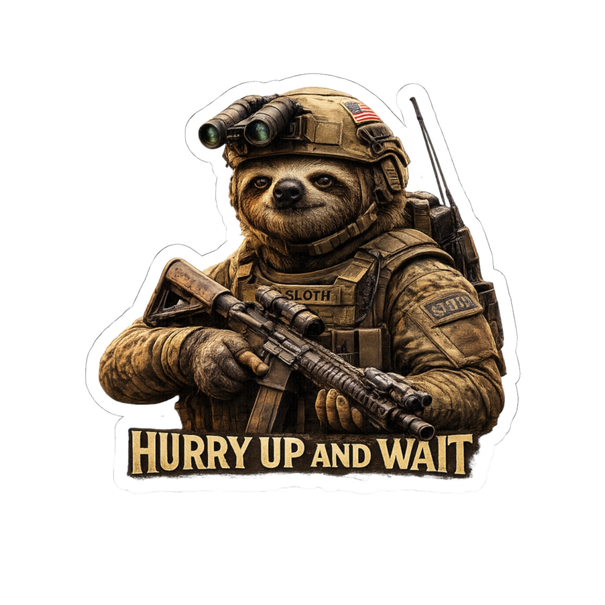 Hurry Up and Wait Military Sloth Sticker — Tactical Vinyl Kiss-Cut
