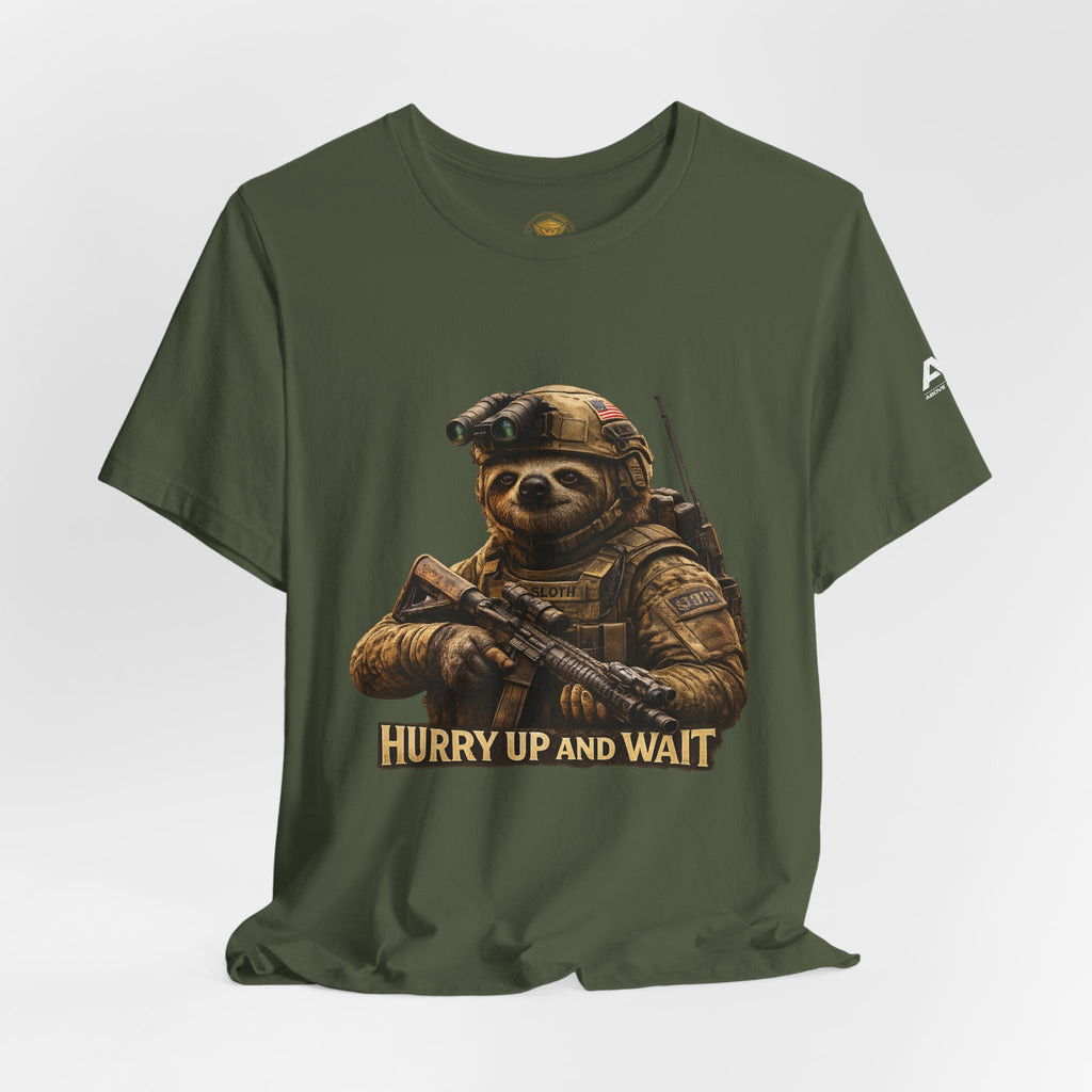 T-Shirt — 'Hurry Up and Wait' Military Sloth Graphic Tee