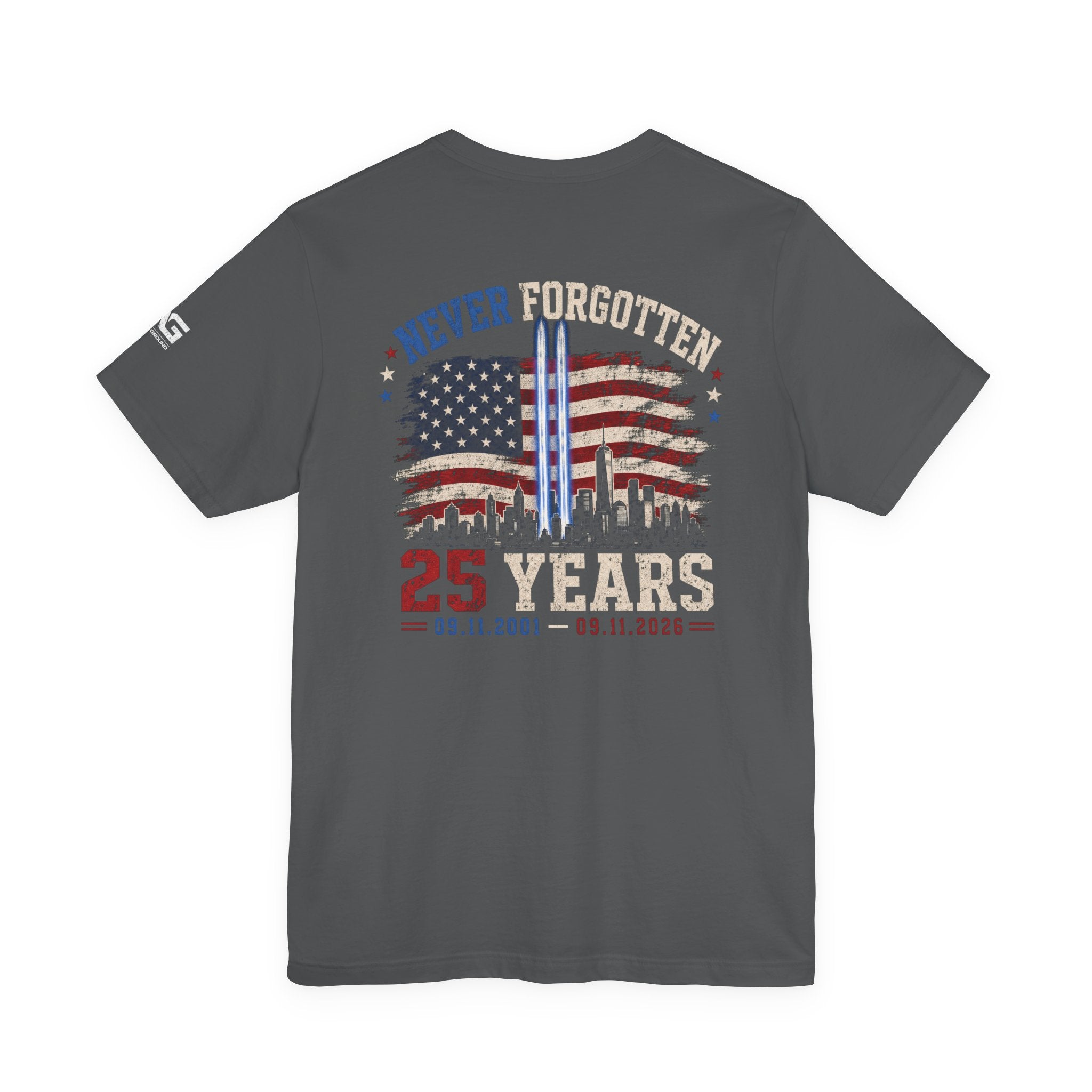 9/11 Memorial T-Shirt — "Never Forgotten 25 Years" American Flag Tribute Tee