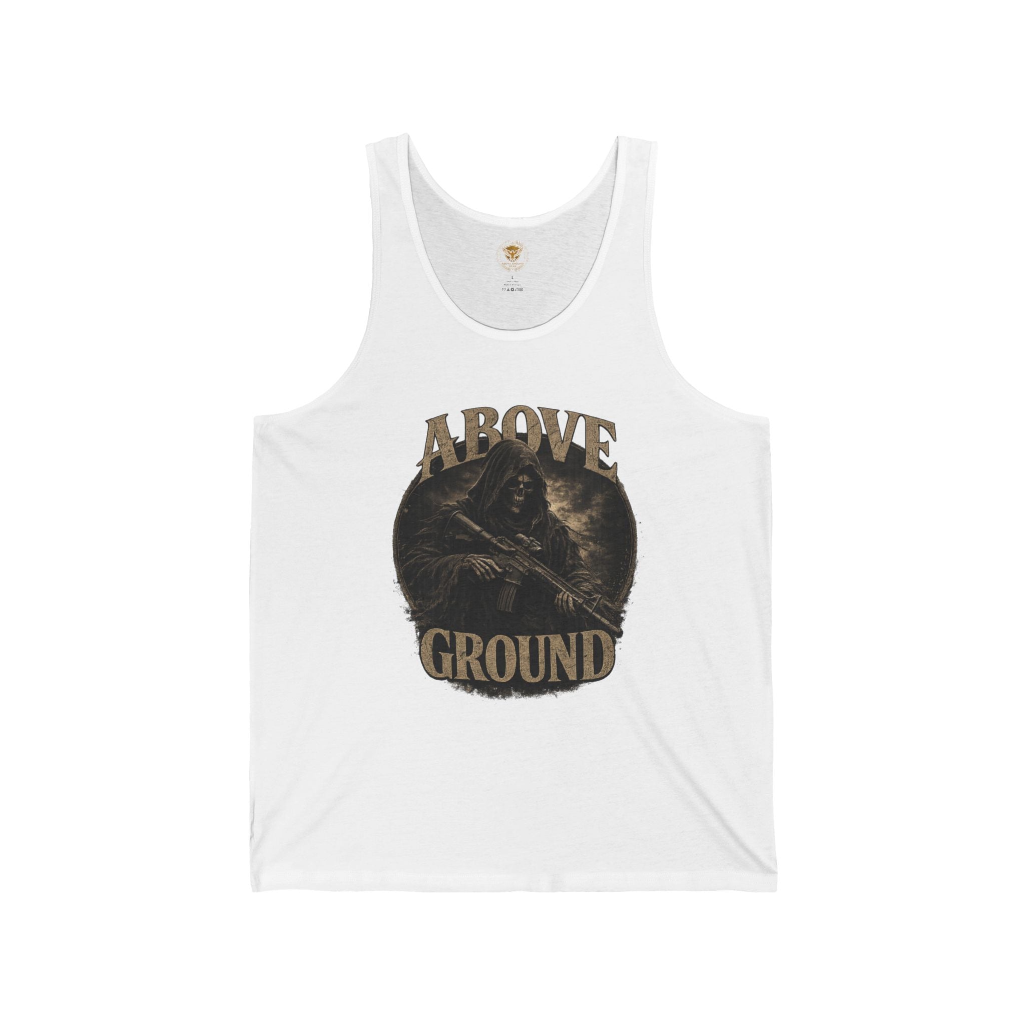 Above Ground Graphic Tank Top — 'Above Ground' Skull Design, AG Logo Back