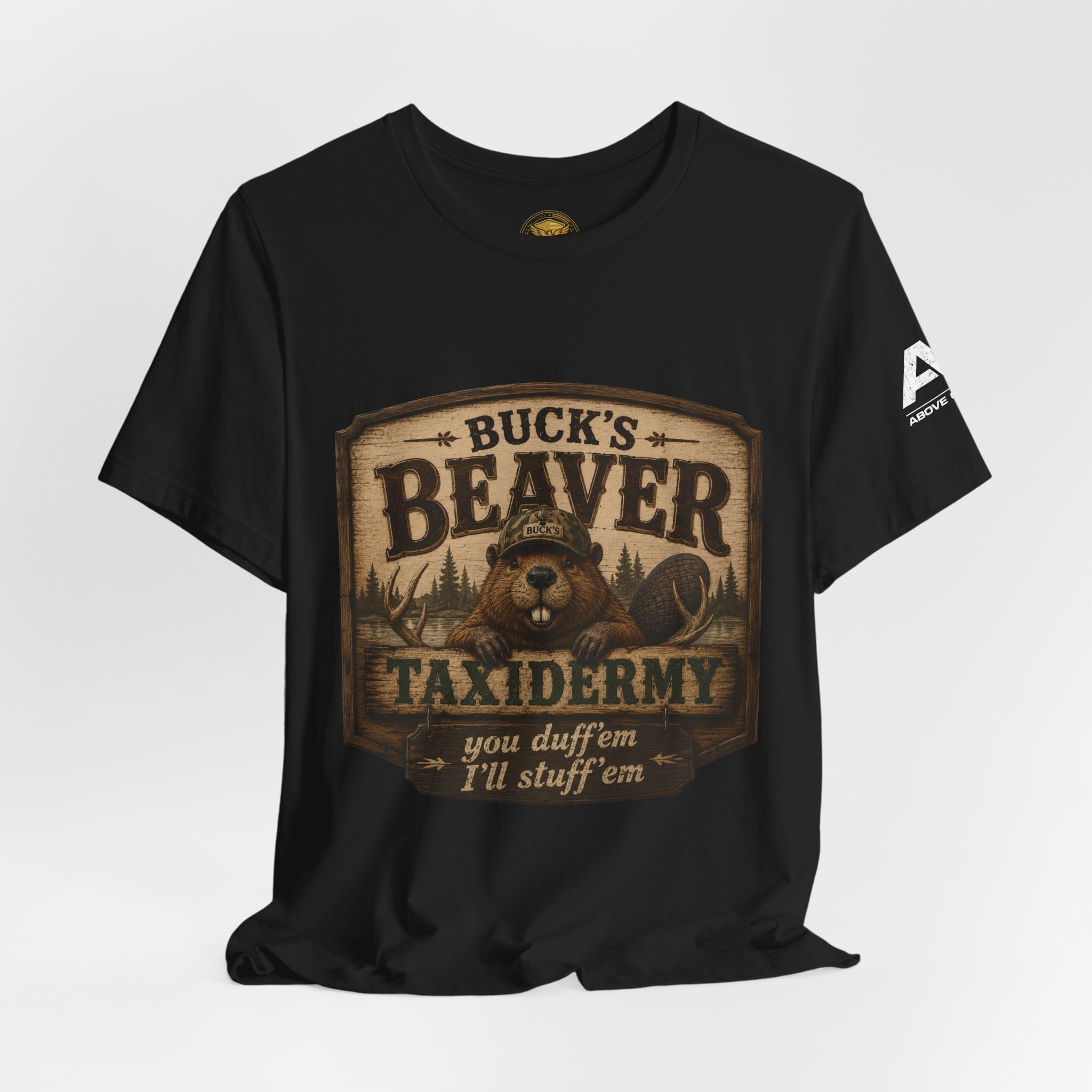 Beaver Taxidermy T‑Shirt — "Buck's Beaver Taxidermy: you duffern I'll stuff 'em" Rustic Hunting Tee
