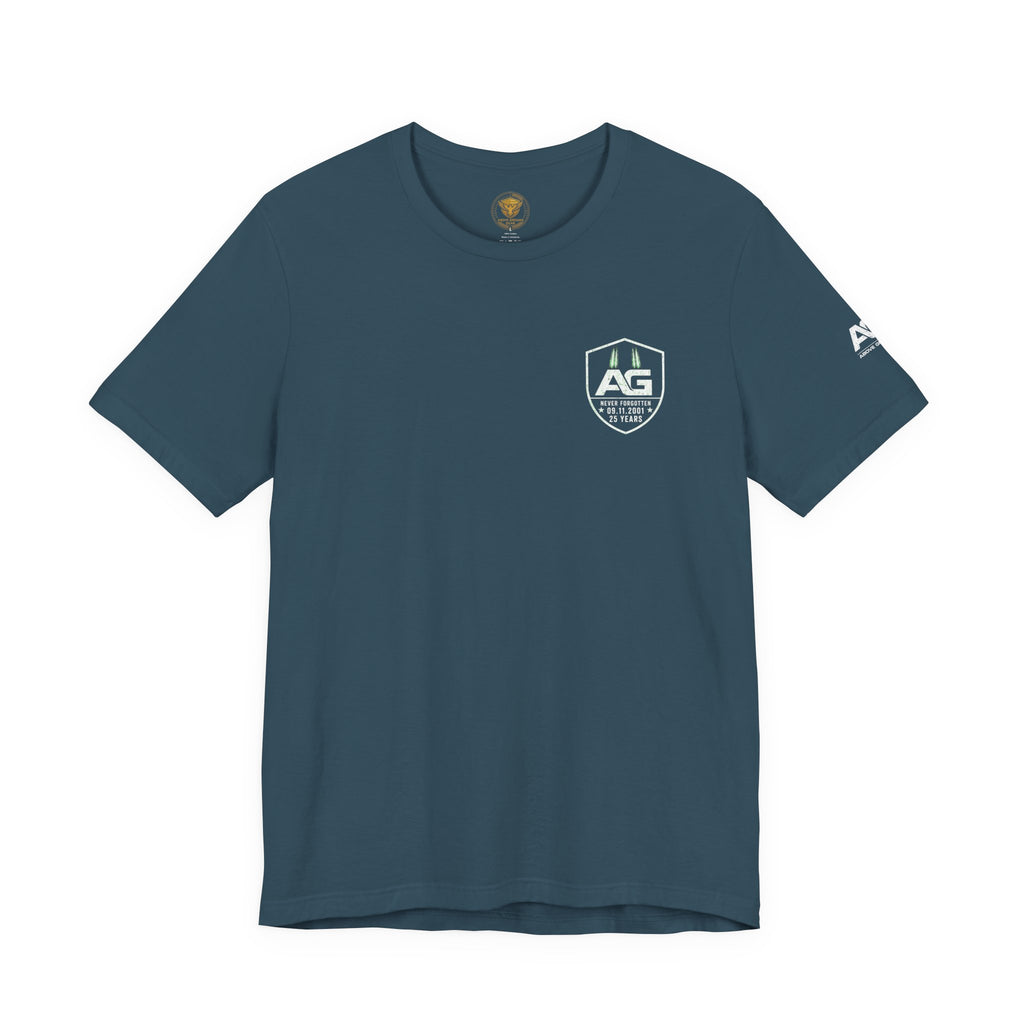 9/11 Memorial T-Shirt — "Never Forgotten 25 Years" American Flag Tribute Tee