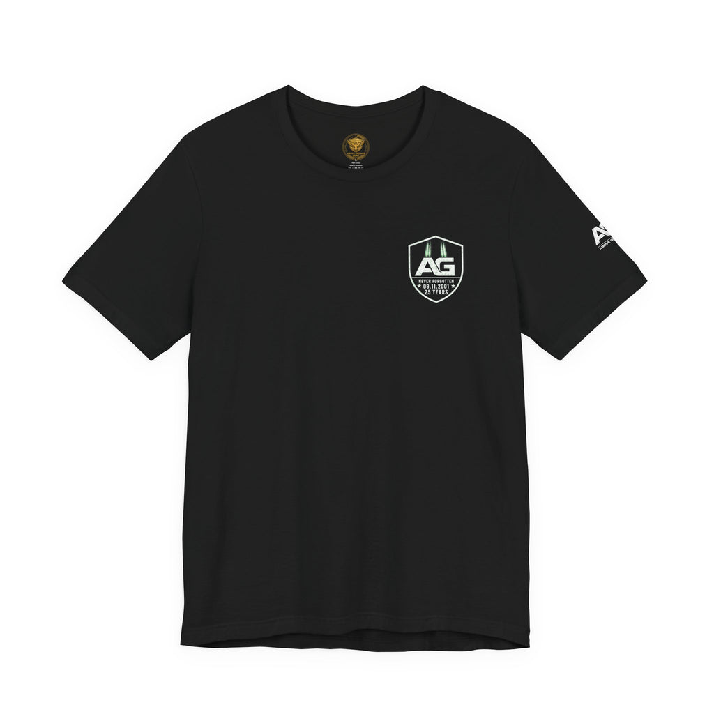 9/11 Memorial T-Shirt — "Never Forgotten 25 Years" American Flag Tribute Tee