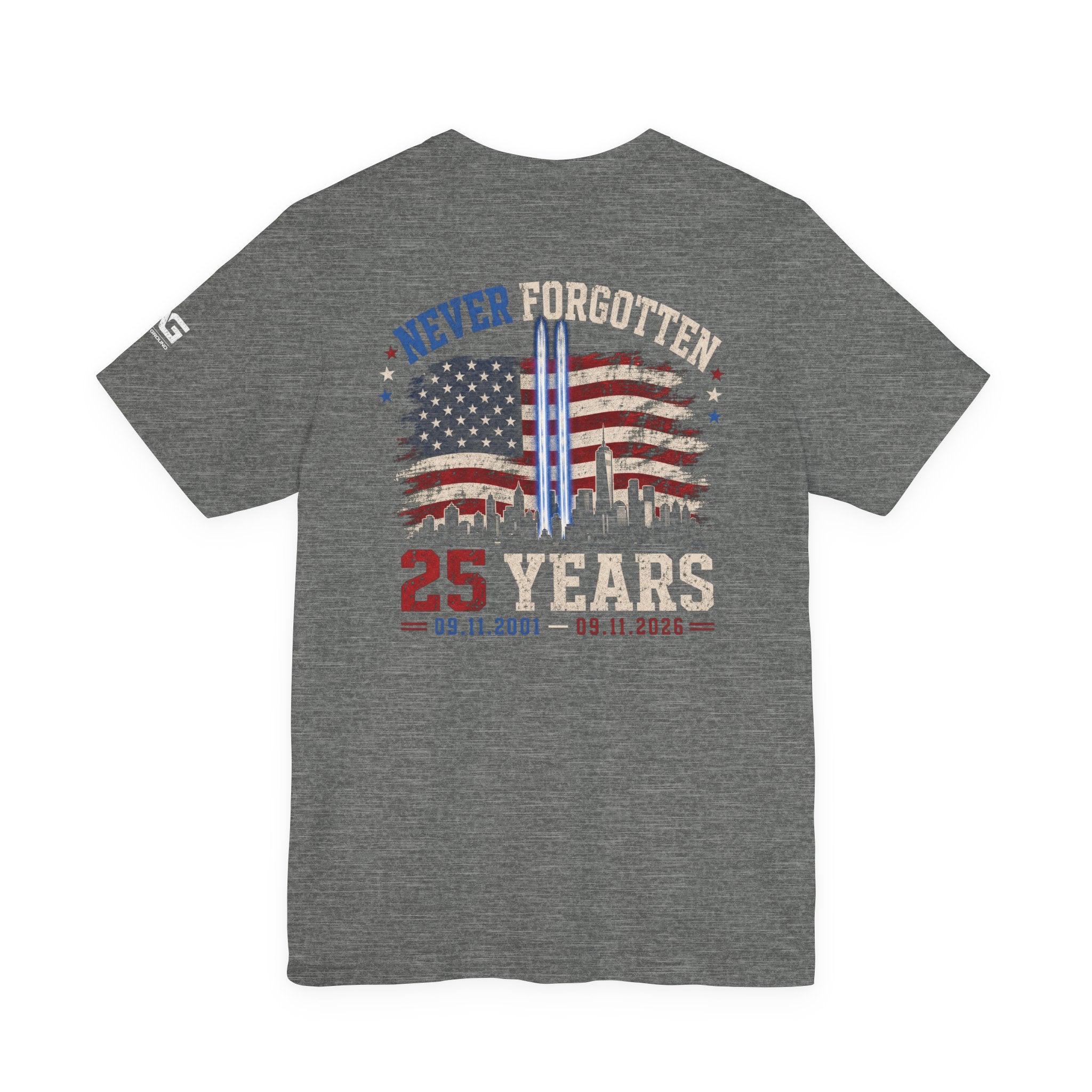 9/11 Memorial T-Shirt — "Never Forgotten 25 Years" American Flag Tribute Tee