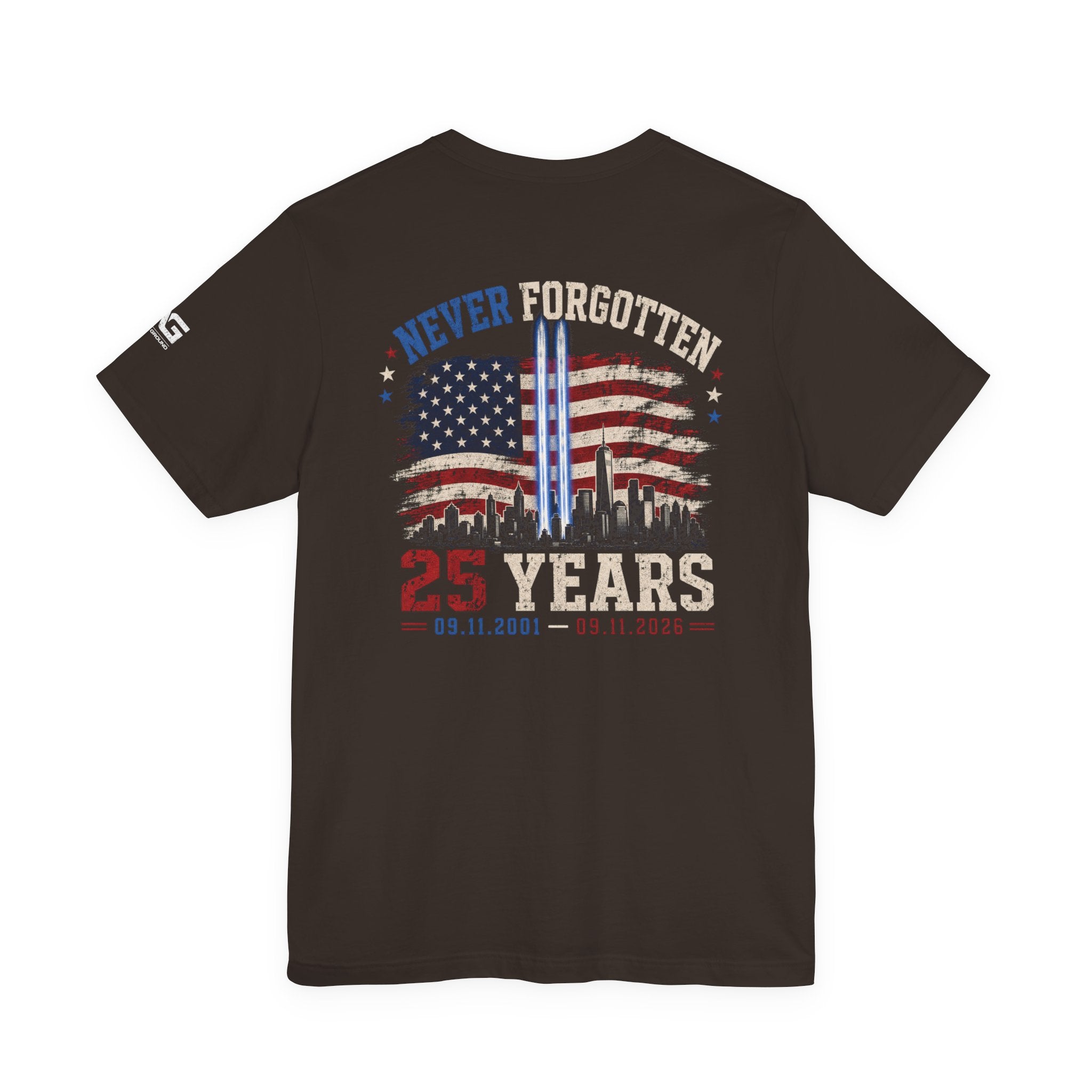9/11 Memorial T-Shirt — "Never Forgotten 25 Years" American Flag Tribute Tee
