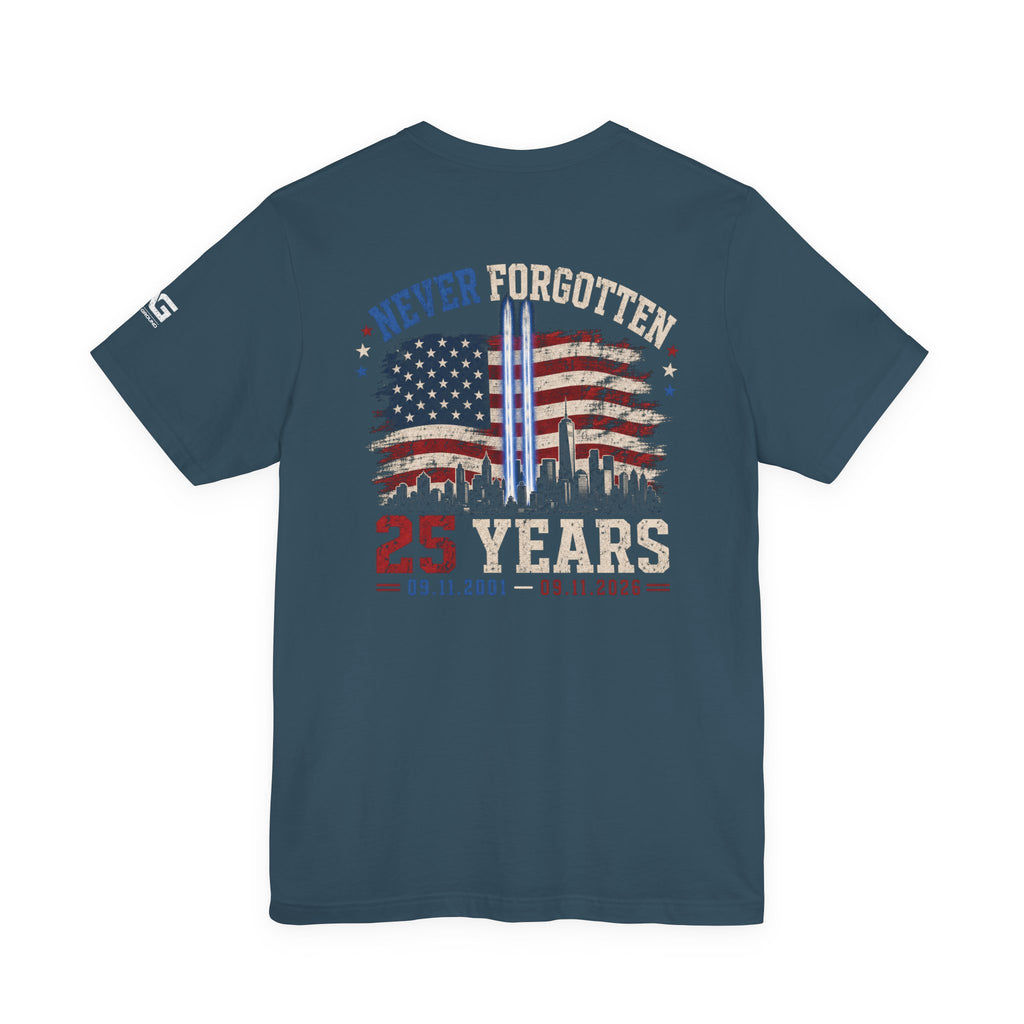 9/11 Memorial T-Shirt — "Never Forgotten 25 Years" American Flag Tribute Tee
