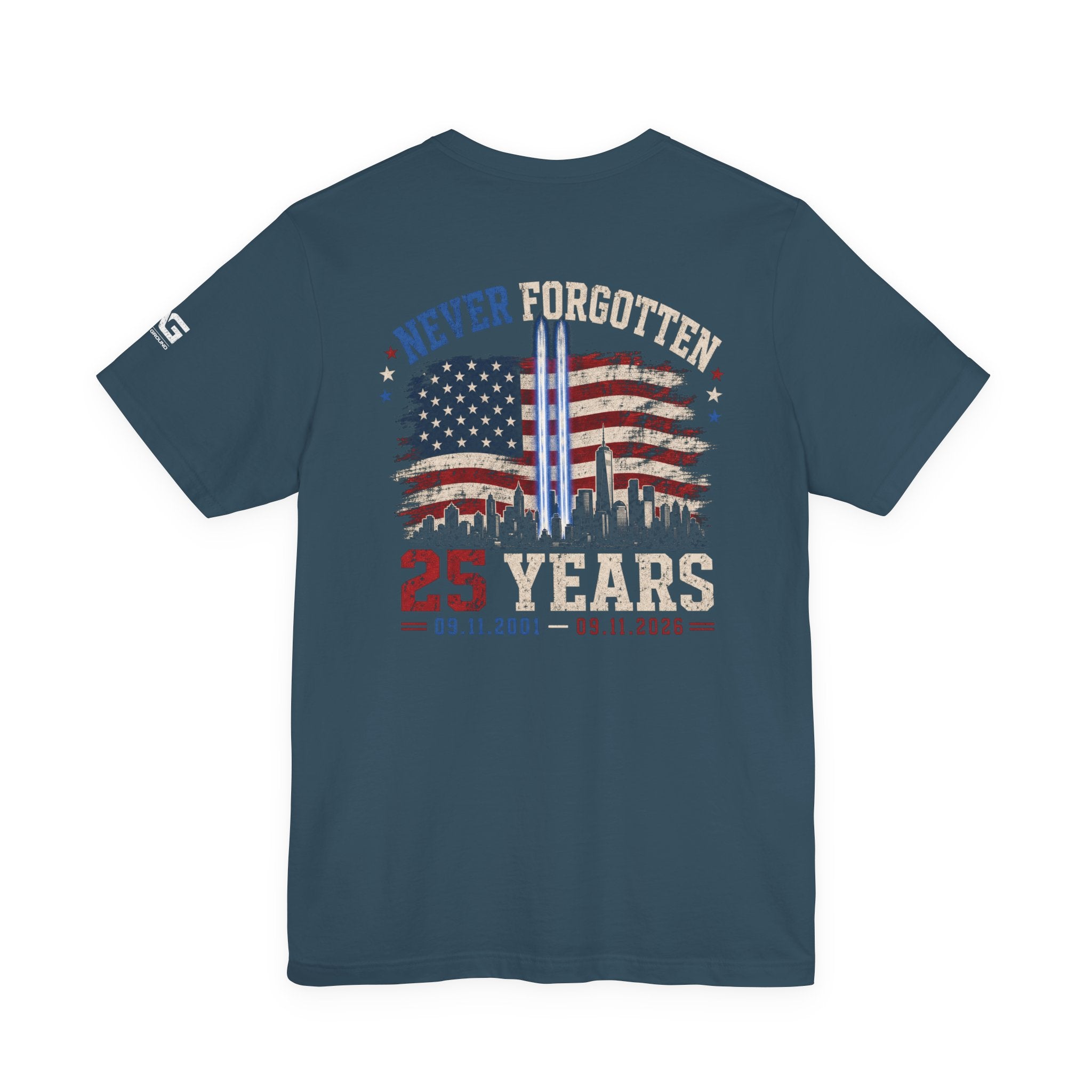 9/11 Memorial T-Shirt — "Never Forgotten 25 Years" American Flag Tribute Tee