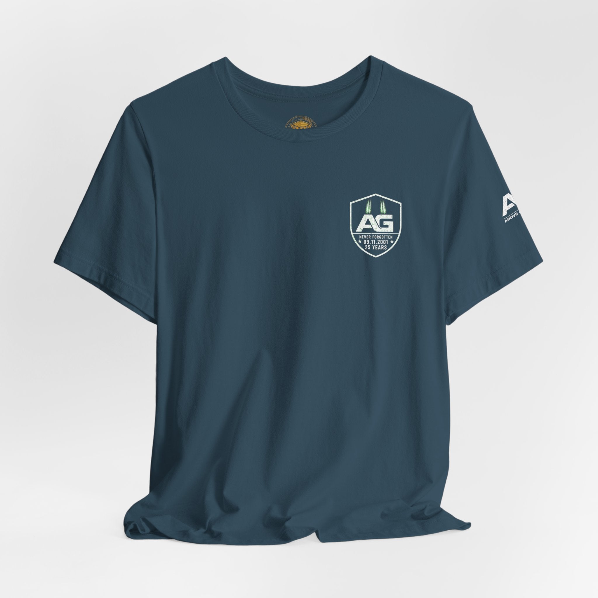 9/11 Memorial T-Shirt — "Never Forgotten 25 Years" American Flag Tribute Tee