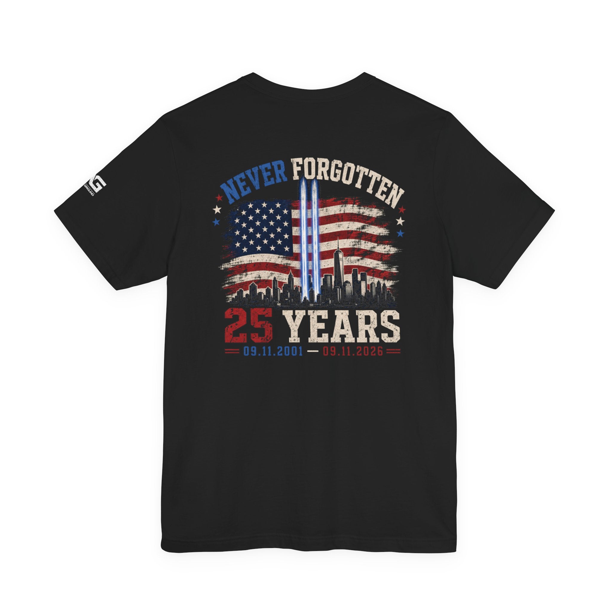 9/11 Memorial T-Shirt — "Never Forgotten 25 Years" American Flag Tribute Tee