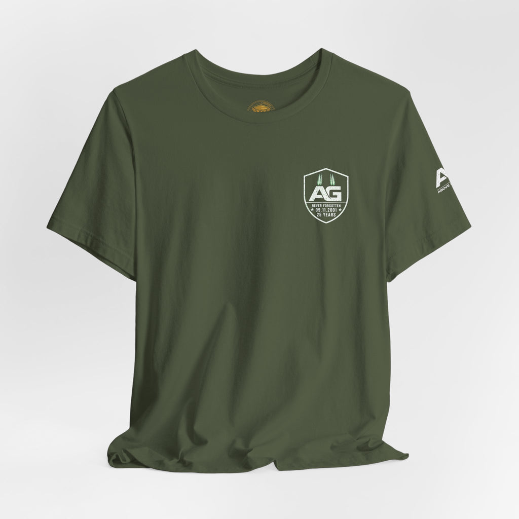 9/11 Memorial T-Shirt — "Never Forgotten 25 Years" American Flag Tribute Tee