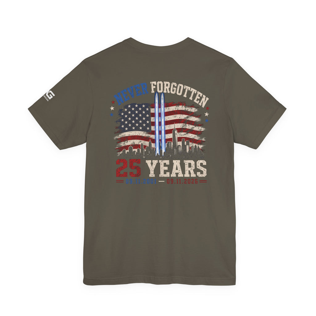 9/11 Memorial T-Shirt — "Never Forgotten 25 Years" American Flag Tribute Tee