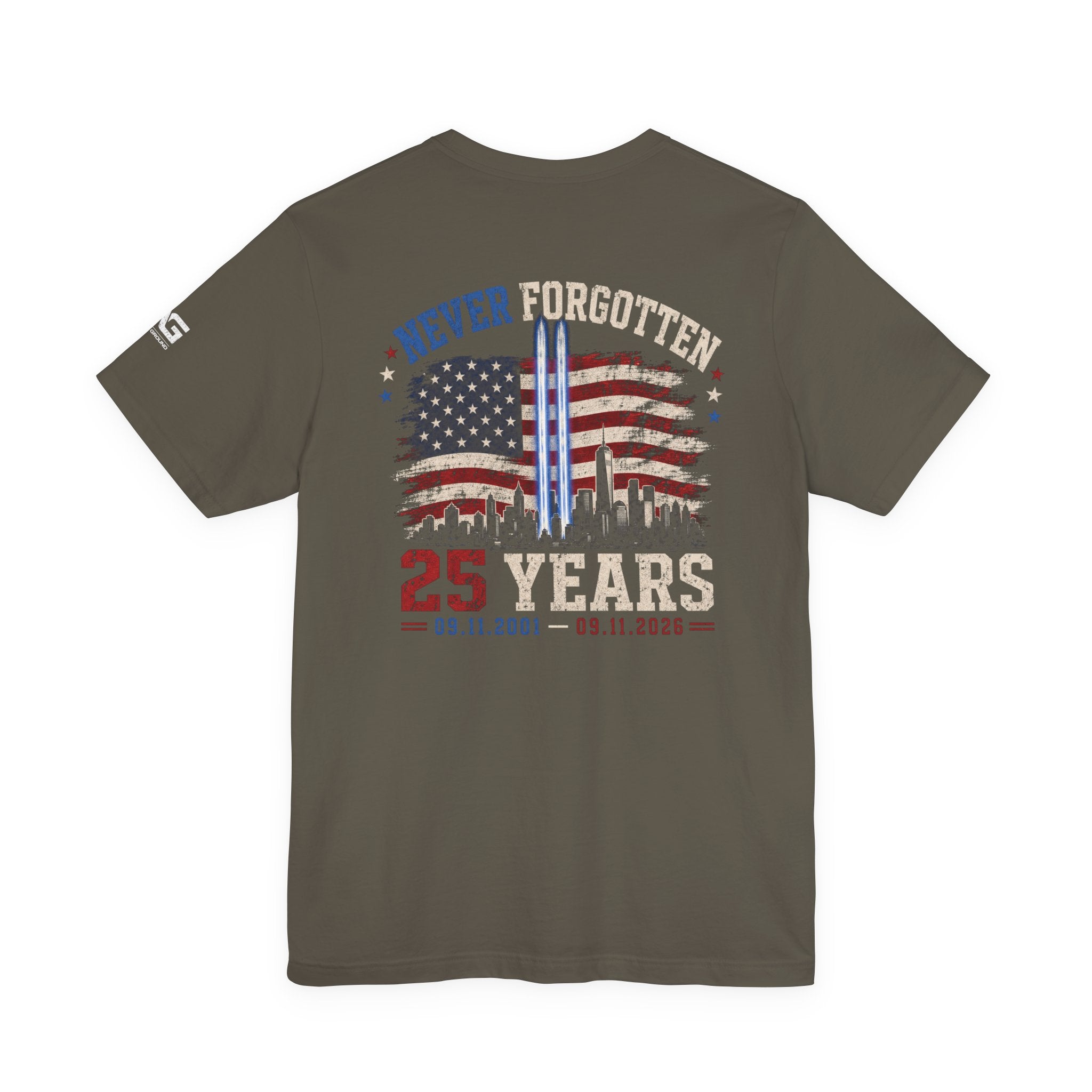 9/11 Memorial T-Shirt — "Never Forgotten 25 Years" American Flag Tribute Tee